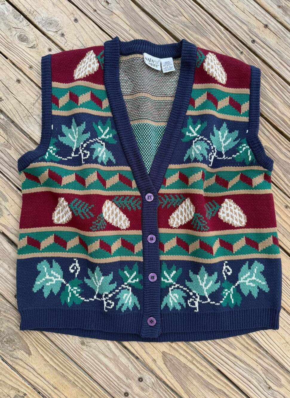 Vintage Napa Valley Pinecone and Leaf Intarsia Knit Sweater Vest